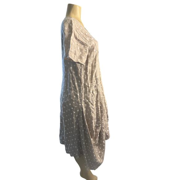 Women L Luca Vanucci Italy Beige Polka Dot 100% Linen Lagenlook Dress Asymmetric - Picture 5 of 7